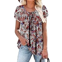 BETTE BOUTIK Womens Summer Tops Pleated Crewneck Corded Short Sleeve Tunic Shirts Tops Blouses