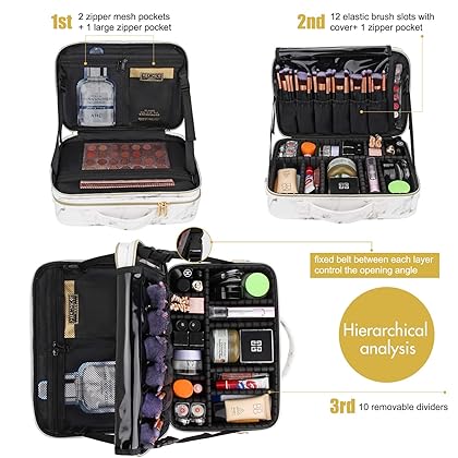 Relavel Travel Makeup Train Case Makeup Cosmetic Case Organizer and Storage Box, Marble Makeup Bag with Dividers, Small Make Up Traveling Organizer Bag for Artist Cosmetics Makeup Brushes
