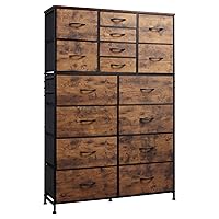 WLIVE 16 Drawers Dresser, Tall Dresser for Bedroom, Closet, Hallway, Storage Dresser Organizer unit, Large Dressers & Chests of Drawers with Fabric Bins, Rustic Brown Wood Grain Print