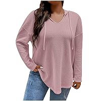 Casual Waffle Knit Hoodies for Women Loose Fit V Neck Drop Shoulder Long Sleeve Sweater Hooded Sweatshirt Fall Going Out Tops