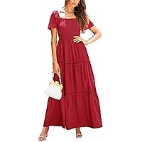 PRETTYGARDEN Women's Summer Maxi Dress Short Sleeve Square Neck Smocked Tiered Ruffle Long Flowy Boho Dresses with Pockets