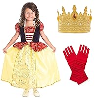 Little Adventures Snow White Princess Costume Dress Bundle with Gold Crown & Red Gloves - Machine Washable Pretend Play (Size X-Large Age 7-9)