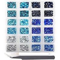 3200 PCS Hot Fix Round Crystals Gems Glass Stones Hotfix Flat Back Rhinestones for DIY Making with 1 Tweezers and 1 Pick Pen (Blue Color Series, 4-Sizes,6-colors)