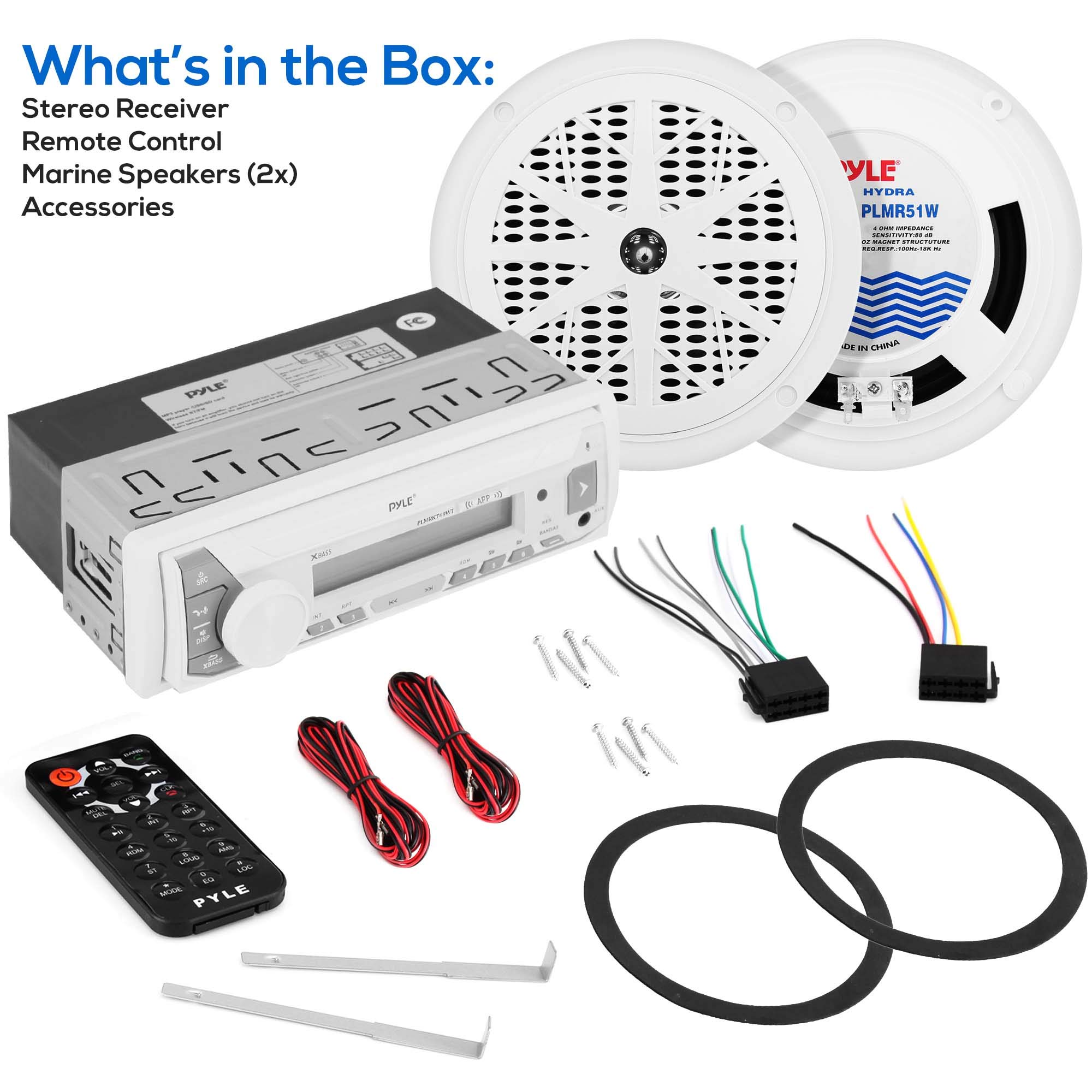 Pyle Bluetooth Marine Receiver Stereo & Speaker Kit - 300W Single DIN Boat Marine Head Unit, Mic, Hands-Free Calling, AUX, MP3/USB/SD, AM/FM Radio, Remote Control - PLMRKT49WT (White)