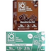 IQBAR Brain and Body Keto Protein Bars - 7-Bar Sampler & 12 Count Chocolate Sea Salt Energy Bars - Low Carb Protein Bars - High Fiber Vegan Bars Low Sugar Meal Replacement Bars