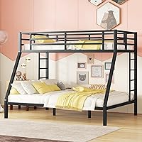 Twin XL Over Queen Bunk Bed for Adults, Heavy-Duty Metal Bunk Bed Frame with 2 Ladders and Guardrails for Kids Boys Girls Teens, Black
