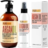 PURE NATURE Moroccan Argan Oil Conditioner and Moroccan Argan Oil Heat Protectant Spray for Hair with Keratin