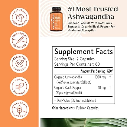 NutriRise Organic Ashwagandha Root Capsules with Black Pepper, 1300mg, Natural Stress & Mood, Thyroid, and Immune Support Supplement, Nootropic for Focus & Energy, Gluten Free, 120 Count