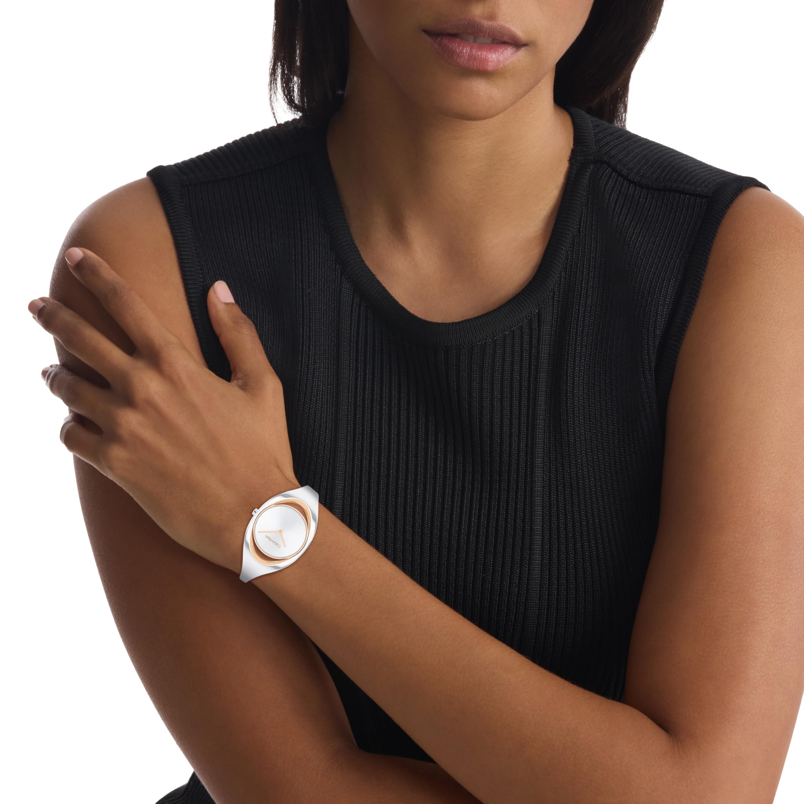 Calvin Klein Women's CK Elation Wristwatch, 2 Hand, Two Tone, Minimalistic Bangle Style, (Model:25200393)