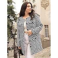 Coat for Women - Plus Houndstooth Print Button Front Overcoat (Color : Black and White, Size : XX-Large)