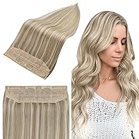 Full Shine Blonde Wire Hair Extensions 18Inch Layered Wire Hair Extensions Real Human Hair Beige Blonde Highlights Light Blonde Hair Extensions Wire Human Hair Clip in Fish Line Hair Extensions 80g