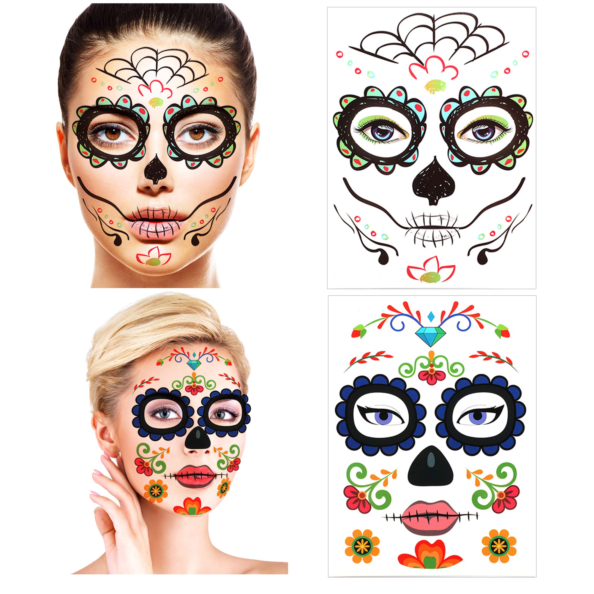 Halloween Temporary Face Tattoos (8Pack), Konsait Day of the Dead Sugar Skull Floral Black Skeleton Web Red Roses Full Face Mask Tattoo for Women Men Adult Kids Boys Halloween Party Favor Supplies