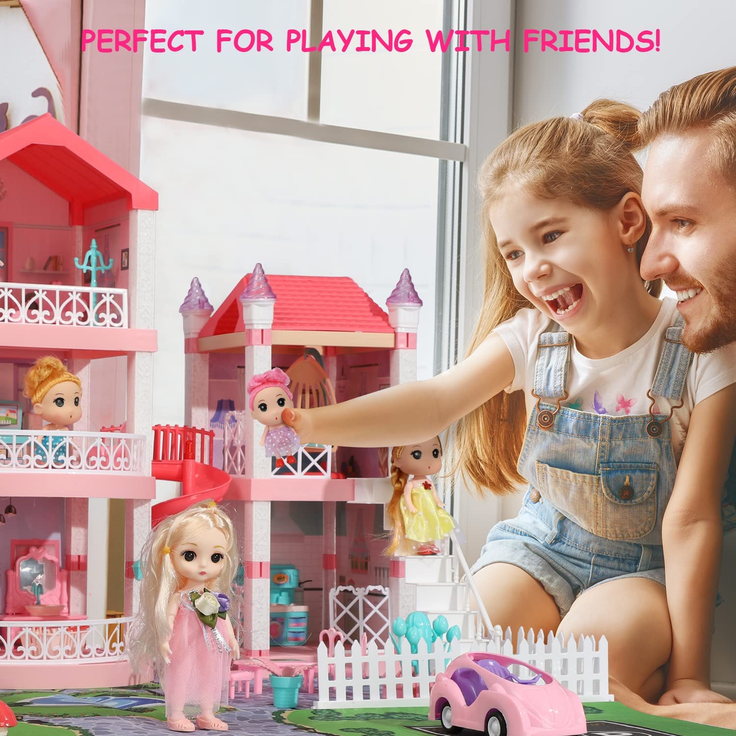 TOY Life Dollhouse, Doll House 4-5 Year Old with Lights, 7 Princess Doll Dream House Rooms, 32