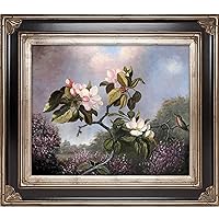 La Pastiche Apple Blossoms and Hummingbird with Corinthian Aged Silver Framed Oil Painting, 34 in x 30 in, Multicolor