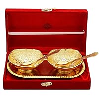 Indian Art Villa Silver Plated Gold Polished Flower design Decorative Bowl Set with 2 Spoons & 1 Tray, Service for 2, Festive Gifts