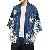 Men's Japanese Kimono Cardigan Jackets Casual Long Sleeve Open Front Coat Lightweight Yukata Outwear