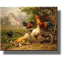 Chicken on Wheelbarrow Picture on Stretched Canvas, Wall Art Décor, Ready to Hang!