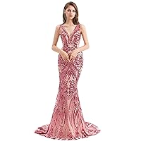 Women's V-Neck Sequins Sleeveless Lace-up Mermaid Evening Dress