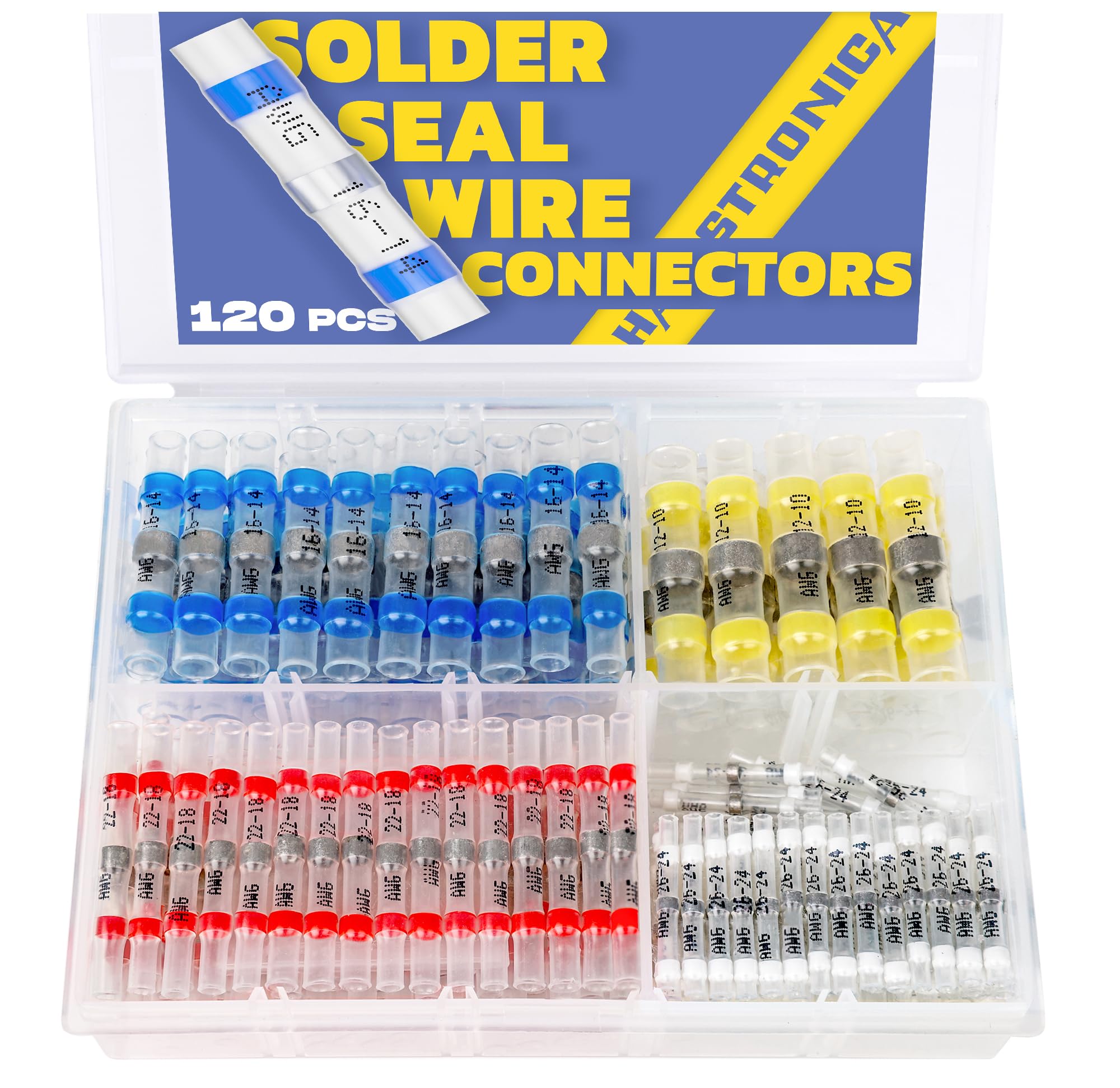haisstronica 120PCS Solder Seal Wire Connectors-Marine Grade Heat Shrink Wire Connectors-Heat Shrink Butt Connectors-Butt Splice Wire Connectors for Stereo,Electrical with Corrosion and Weatherproof