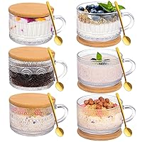 Moretoes Coffee Mugs Set of 6, 14oz Vintage Glass Coffee Mugs, Overnight Oats Containers with Bamboo Lids and Spoons, Clear Embossed Glass Tea Cups for Cappuccino, Latte, Cereal, Yogurt