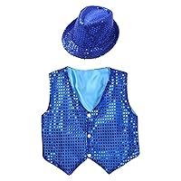 Kids Boys Sequin Dance Waistcoat with Hat Set for Jazz Hip Hop Dance Performance Costume Dancewear Fancy Party Outfits Blue 3-4 Years