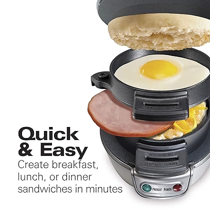 Hamilton Beach Breakfast Sandwich Maker with Egg Cooker Ring, Customize Ingredients, Perfect for English Muffins, Croissants, Mini Waffles, Perfect White Elephant Gifts, Silver (25475A) Discontinued