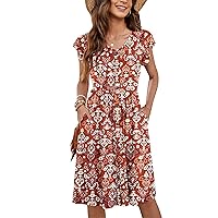 WNEEDU Women Summer Dresses Sleeveless Casual Loose Swing Button Down Midi Dress with Pockets