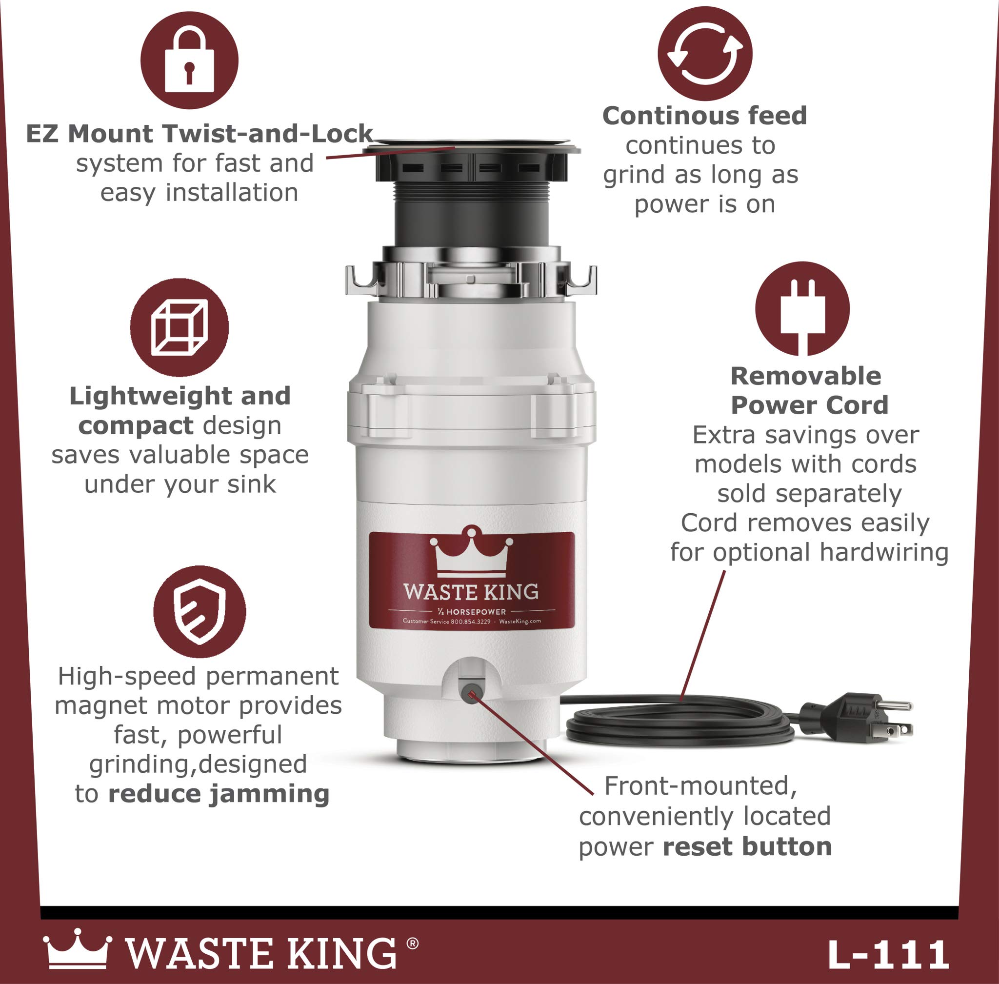 Waste King 1/3 HP Garbage Disposal with Power Cord, Compact Food Waste Disposer for Under Kitchen Sink, L-111