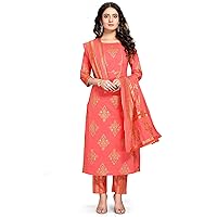 Rajnandini Women's Pure Cambric Cotton Jaipuri Printed Straight Kurta Set with Dupatta (Ready to Wear; Pink; 3XL)