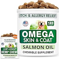 Omega 3 for Dogs + Hemp + Glucosamine Bundle - Allergy and Itch Relief + Joint Pain Relief - EPA & DHA Fatty Acids + Hemp Oil, Chondroitin w/MSM, Omega 3 - Anti-Shedding - 180 + 120 Chews - US Made