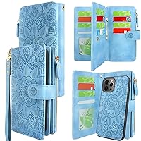 Harryshell Compatible with iPhone 12 Pro Max Case Wallet Detachable Magnetic Zipper Leather Cash Pocket 12 Card Slots Holder Wrist Strap Designed for iPhone 12 Pro Max 6.7 inch (Floral Sky Blue)