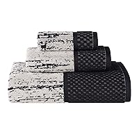 Superior Cotton 3 Piece Towel Set, Quick Dry, Bathroom Essentials, Shower, Spa, Soft Absorbent Towels, Includes 1 Bath, 1 Hand, 1 Washcloth/Face Towel, Lodie Collection, Jacquard, Black-Ivory