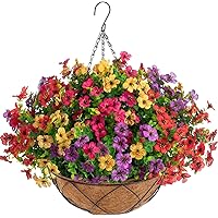 Artificial Hanging Flowers with Basket,Fake Daisy Flowers in 12 inch Coconut Lining Hanging Baskets for The Decoration of Courtyard, Indoors, and Outdoors (Mixed Color)