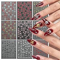 9Sheets Metallic Nail Art Stickers, Love Heart Bow French Nail Decals 3D Self Adhesive Gold Silver Black White Pink Nail Design Cute Line Nail Sticker for Women Girls French Manicure Decor Accessories