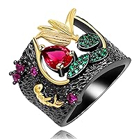 Vintage Wide Black Band Hollow Flower Statement Cocktail Rings for Women Girls with Red Crystal, Fashion Jewelry Ring for Party Christmas New Year Y566