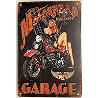 Tin Metal Wall Sign | Motorhead Garage Pin Up Girl on The Bike 8 x 12 in. | Art Poster Plaque for Decoration at Home Bar Room Garage Man Cave | Retro Rusty Design