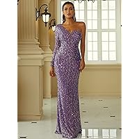 Women's Dress One Shoulder Ruched Side Sequins Prom Dress (Color : Violet Purple, Size : Medium)