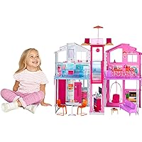 Barbie Doll House Playset, 3-Story Townhouse with 4 Rooms & Rooftop Lounge, Furniture & Accessories Including Swinging Chair (Amazon Exclusive)