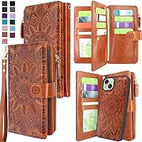 Harryshell Compatible with iPhone 15 Plus / 14 Plus 5G 6.7 inch Wallet Case Detachable Removable Phone Cover Zipper Cash Pocket Multi Card Slots Wrist Strap Lanyard (Floral Brown)