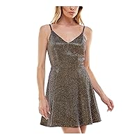 Speechless Womens Gold Pocketed Zippered V Back Lined Adjustable Spaghetti Strap V Neck Short Party Fit + Flare Dress Juniors 9