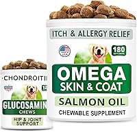 Glucosamine Dog Treats + Omega 3 for Dogs Bundle - Hip Support and Joint Pain Relief Supplement + Fish Oil Chews for Shedding, Skin Allergy, Itch Relief, Skin and Coat Supplement