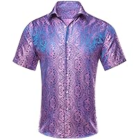 Hi-Tie Men Hawaiian Pink Blue Shirt Button Down Short Sleeve Jacquard Silk Paisley Regular Fit Shirt Party Prom Beach Tops Vacation(2X-Large)
