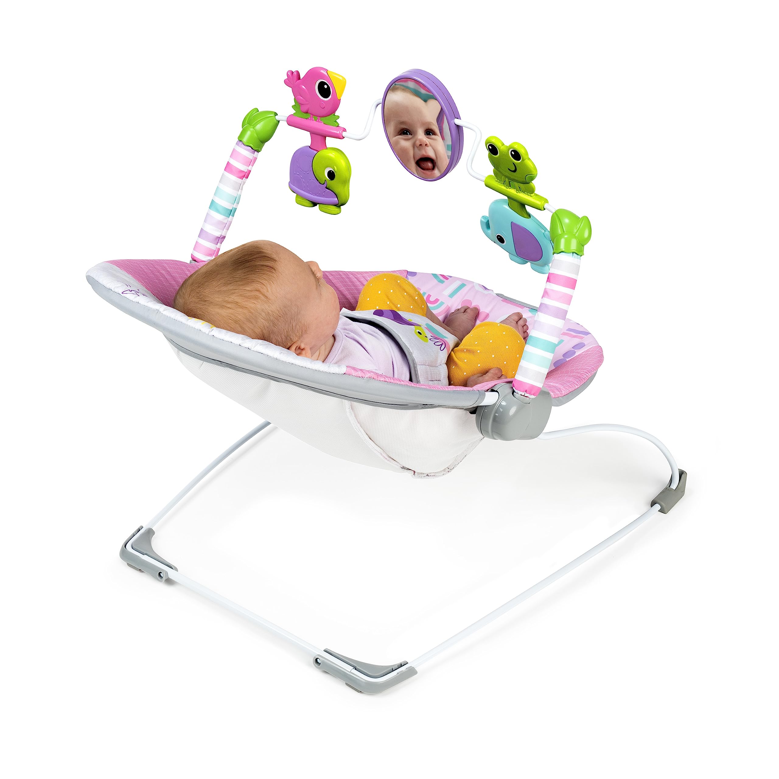 Bright Starts Pink Paradise Portable Baby Bouncer with Vibrating Infant Seat and -Toy Bar, Max Weight 20 lbs., Age 0-6 Months