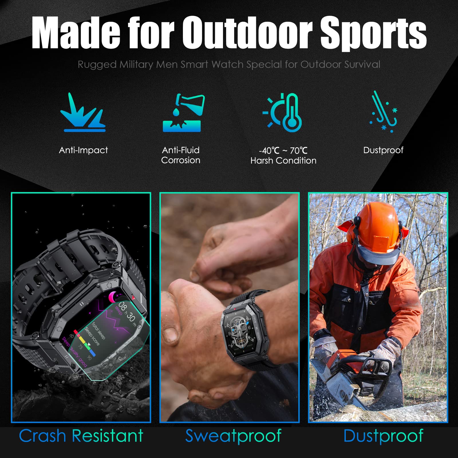 Military Smart Watch for Men with Call (Answer/Make) Outdoor Tactical Sports Watch Rugged 1.85