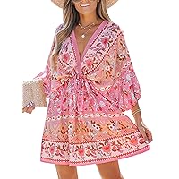 CUPSHE Women Floral Ornate Print Tie Front Dress 3/4 Balloon Sleeves Paisley Beach Dresses