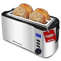 Elite Gourmet 4 Slice Toaster with Countdown Timer, Defrost, and Cancel Functions - Extra Wide Slots for Bagels and Waffles, Built-in Warming Rack, Stainless Steel