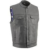 Milwaukee Leather Men's Leather Club Style Biker Vest - Braided Armholes - Flag Liner - Red, Grey, White & Black Variations