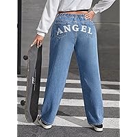 Women's Plus Size Denim Pants Plus High Waist Letter Graphic Straight Leg Jeans Fashion Beauty Lovely Unique (Color : Medium Wash, Size : XX-Large)
