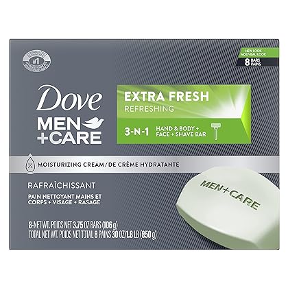 Dove Men+Care 3 in 1 Bar Cleanser for Body, Face, and Shaving to Clean and Hydrate Skin Extra Fresh Body and Facial Cleanser More Moisturizing Than Bar Soap 3.75 oz 8 Bars