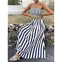 Women's Dress Striped Shirred Frilled Tube Dress Without Belt Dresses for Women (Color : Blue and White, Size : Small)
